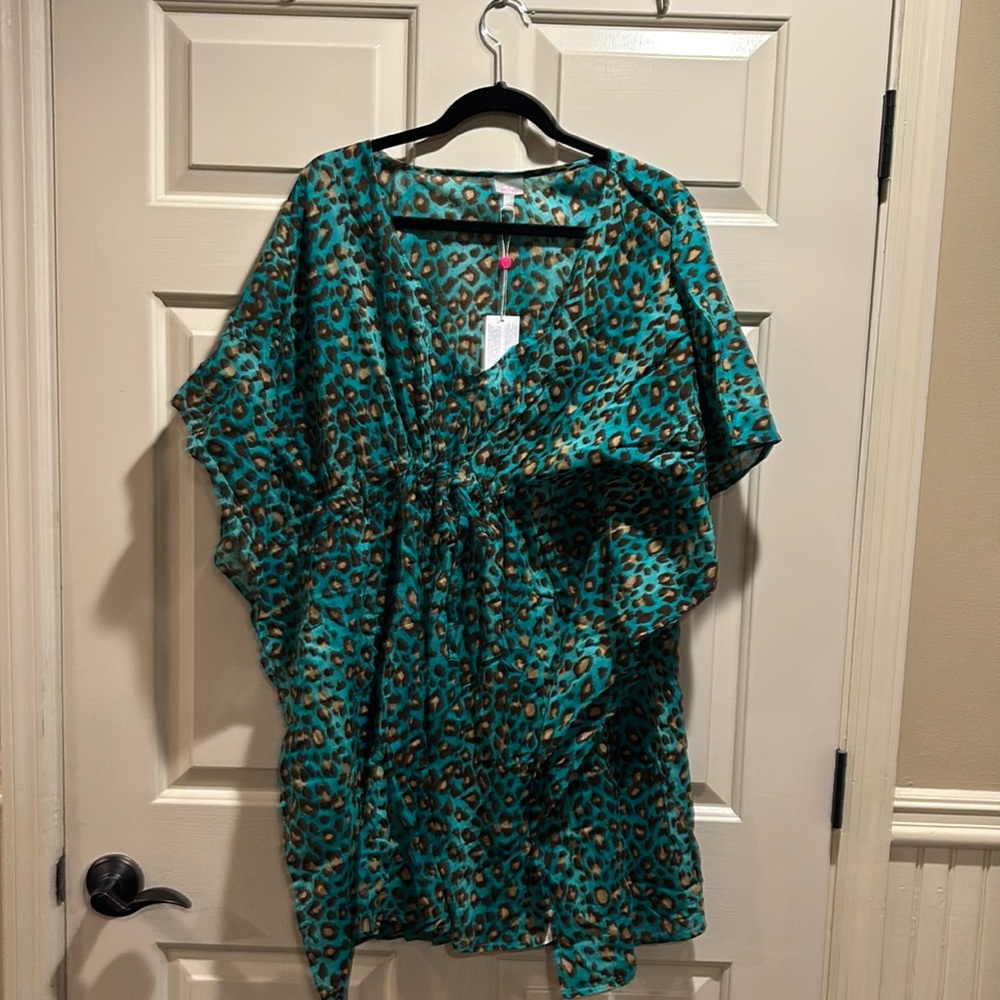 Echo turquoise and brown animal print Fun Poncho Dress/Bikini CoverUp SZ XL(e44)